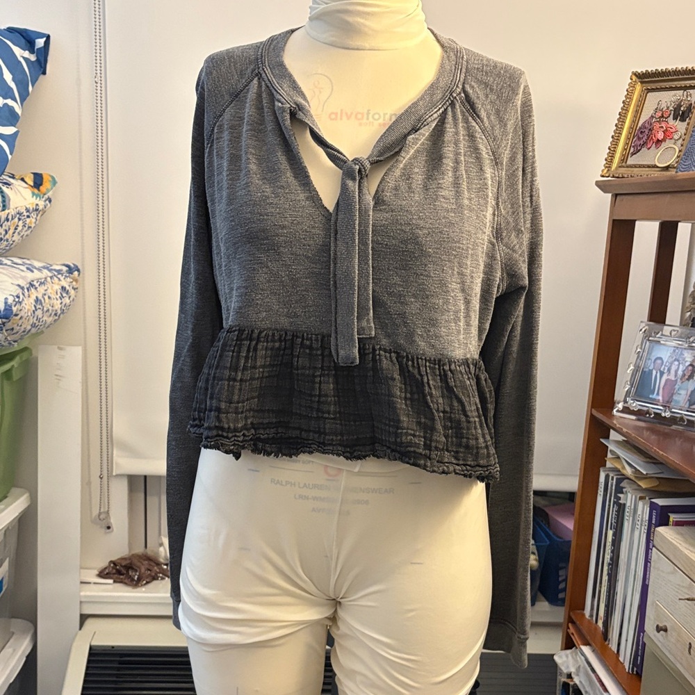 Free People Charcoal Blouse with Tie and Ruffle